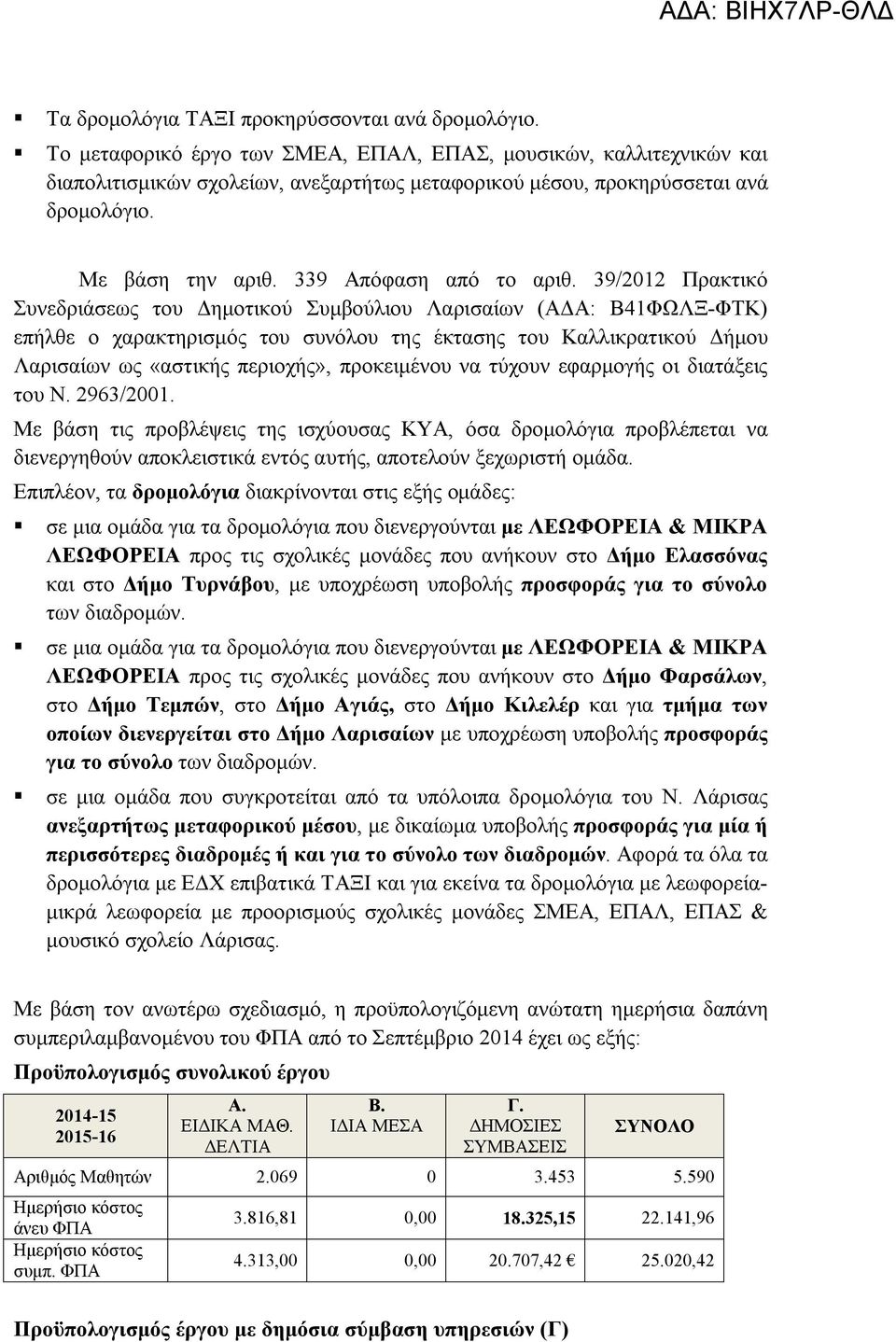 39/2012 Πρακτικό Συνεδριάσεως του Δημοτικού Συμβούλιου Λαρισαίων (ΑΔΑ: Β41ΦΩΛΞ-ΦΤΚ) επήλθε ο χαρακτηρισμός του συνόλου της έκτασης του Καλλικρατικού Δήμου Λαρισαίων ως «αστικής περιοχής», προκειμένου