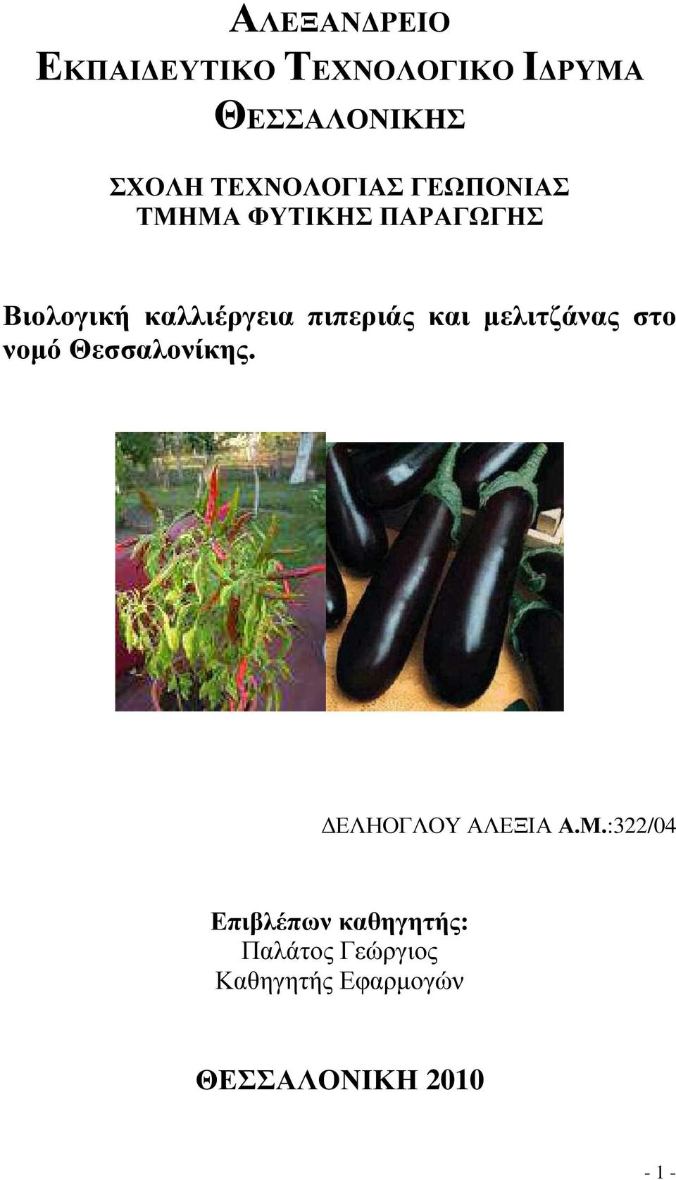 πιπεριάς και µελιτζάνας στο νοµό Θεσσαλονίκης. ΕΛΗΟΓΛΟΥ ΑΛΕΞΙΑ Α.Μ.