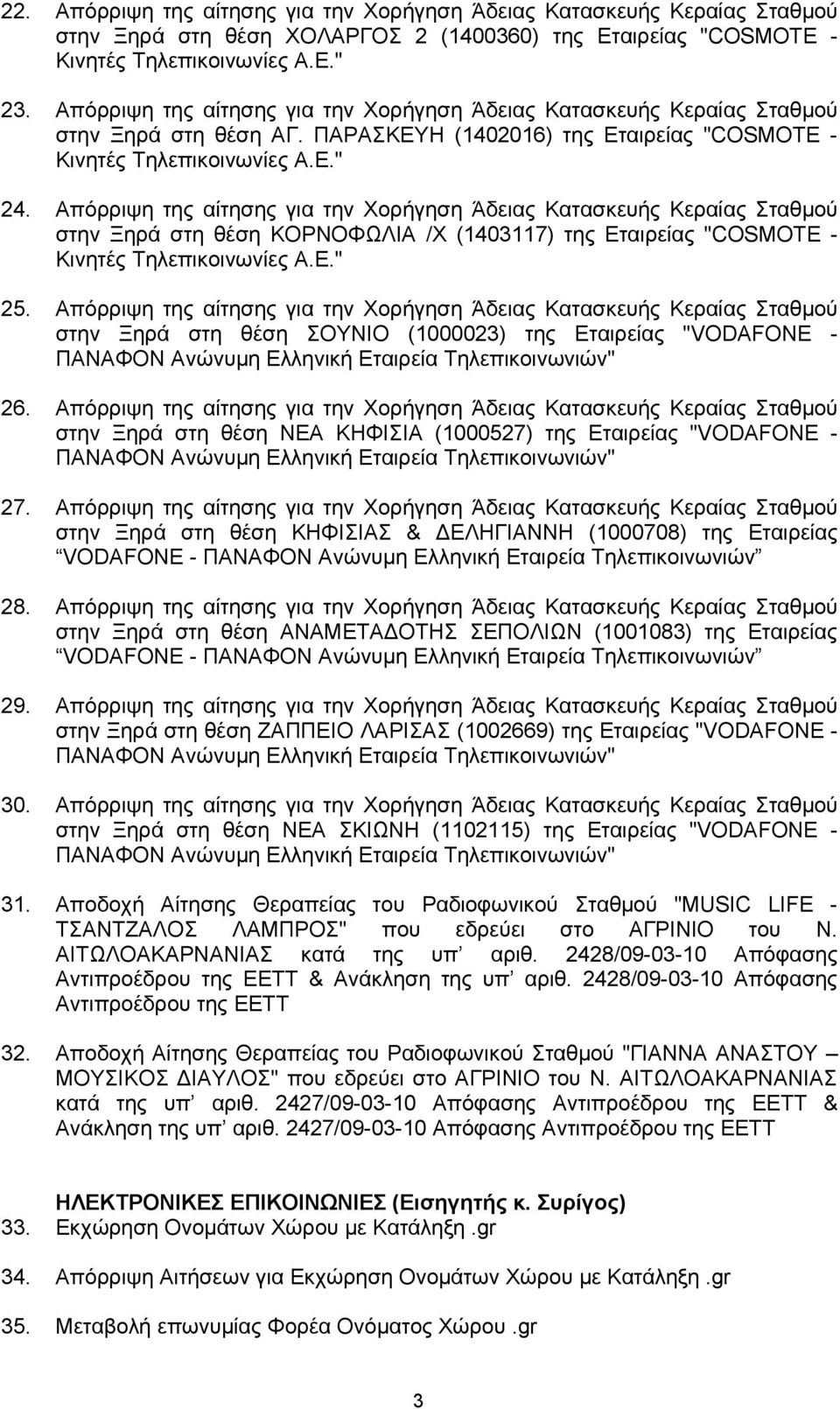 Απόρριψη της αίτησης για την Χορήγηση Άδειας Κατασκευής Κεραίας Σταθμού στην Ξηρά στη θέση ΚΟΡΝΟΦΩΛΙΑ /Χ (1403117) της Εταιρείας "COSMOTE - Κινητές Τηλεπικοινωνίες Α.Ε." 25.
