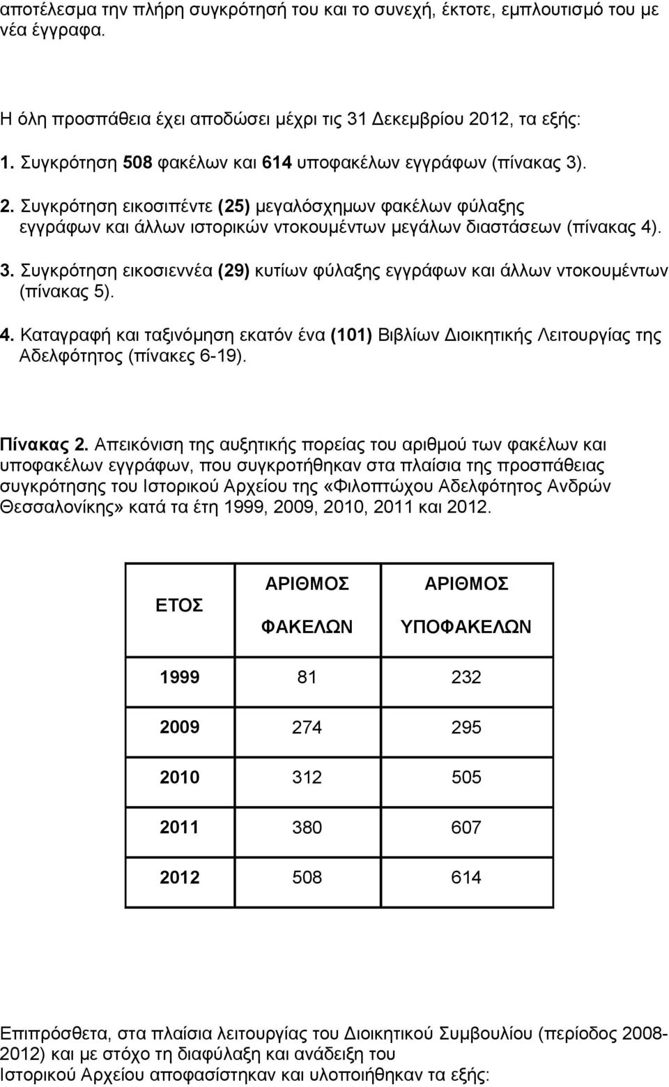 4. Καταγραφή και ταξινόμηση εκατόν ένα (101) Βιβλίων Διοικητικής Λειτουργίας της Αδελφότητος (πίνακες 6-19). Πίνακας 2.