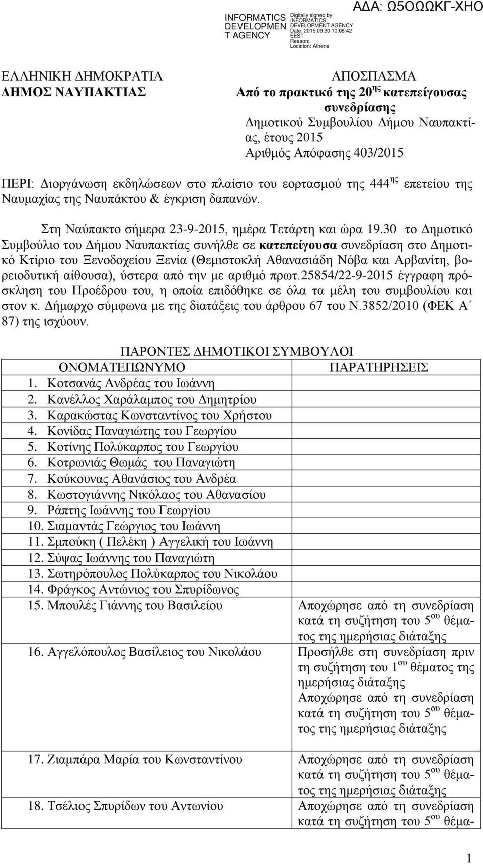 30 το Δημοτικό Συμβούλιο του Δήμου Ναυπακτίας συνήλθε σε κατεπείγουσα συνεδρίαση στο Δημοτικό Κτίριο του Ξενοδοχείου Ξενία (Θεμιστοκλή Αθανασιάδη Νόβα και Αρβανίτη, βορειοδυτική αίθουσα), ύστερα από