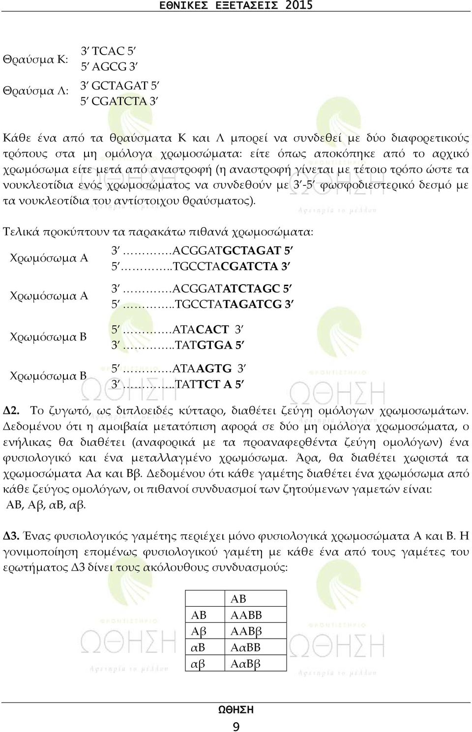 θραύσματος). Τελικά προκύπτουν τα παρακάτω πιθανά χρωμοσώματα: Χρωμόσωμα Α 3.ACGGATGCTAGAT 5 5..TGCCTACGATCTA 3 Χρωμόσωμα Α Χρωμόσωμα B Χρωμόσωμα B 3.ACGGATATCTAGC 5 5..TGCCTATAGATCG 3 5.ATACACT 3 3.