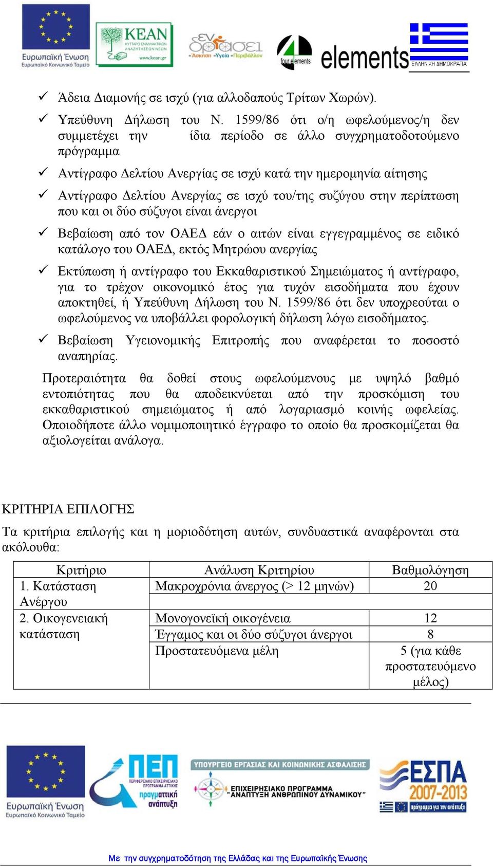 του/της συζύγου στην περίπτωση που και οι δύο σύζυγοι είναι άνεργοι Βεβαίωση από τον ΟΑΕΔ εάν ο αιτών είναι εγγεγραμμένος σε ειδικό κατάλογο του ΟΑΕΔ, εκτός Μητρώου ανεργίας Εκτύπωση ή αντίγραφο του