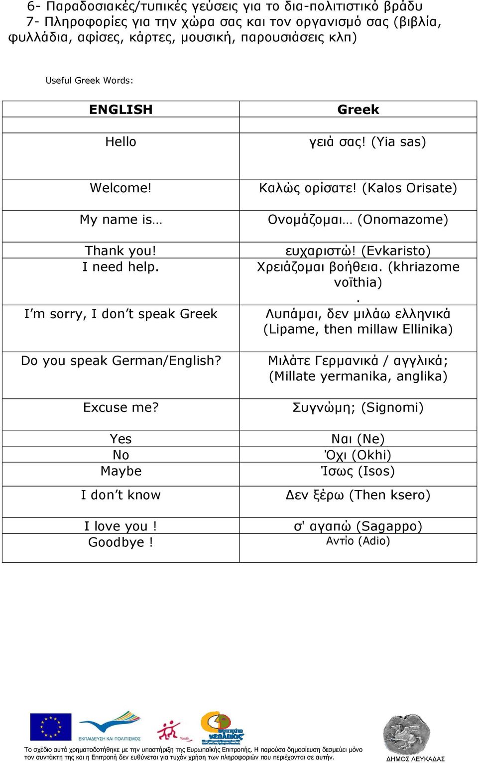 Yes No Maybe I don t know I love you! Goodbye! Καλώς ορίσατε! (Kalos Orisate) Ονομάζομαι (Onomazome) ευχαριστώ! (Evkaristo) Χρειάζομαι βοήθεια. (khriazome voïthia).