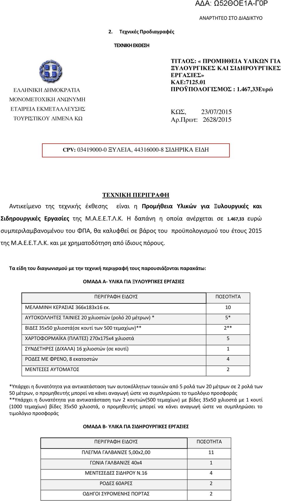 Πρωτ: 2628/2015 CPV: 03419000-0 ΞΥΛΕΙΑ, 44316000-8 ΣΙ ΗΡΙΚΑ ΕΙ Η ΤΕΧΝΙΚΗ ΠΕΡΙΓΡΑΦΗ Αντικείμενο της τεχνικής έκθεσης είναι η Προμήθεια Υλικών για Ξυλουργικές και Σιδηρουργικές Εργασίες Η δαπάνη η