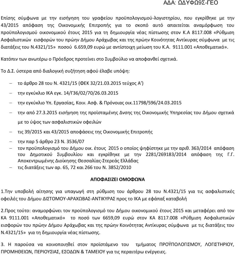 4321/15» ποσού 6.659,09 ευρώ με αντίστοιχη μείωση του Κ.Α. 9111.001 «Αποθεματικό». Κατόπιν των ανωτέρω ο Πρόεδρος προτείνει στο Συμβούλιο να αποφανθεί σχετικά. Το Δ.Σ. ύστερα από διαλογική συζήτηση αφού έλαβε υπόψη: το άρθρο 28 του Ν.