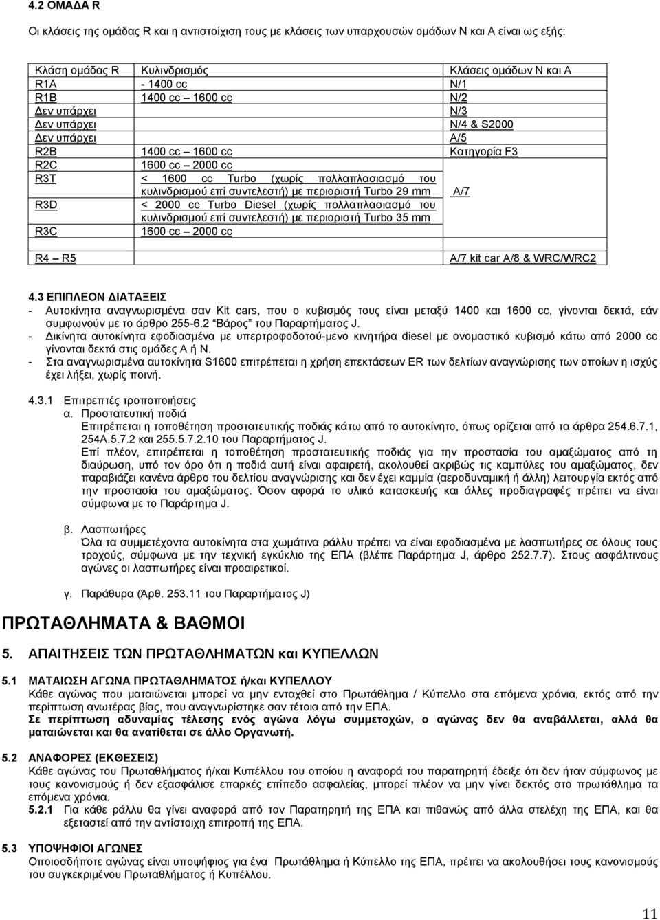 περιοριστή Turbo 29 mm A/7 R3D < 2000 cc Turbo Diesel (χωρίς πολλαπλασιασμό του κυλινδρισμού επί συντελεστή) με περιοριστή Turbo 35 mm R3C 1600 cc 2000 cc R4 R5 Α/7 kit car Α/8 & WRC/WRC2 4.