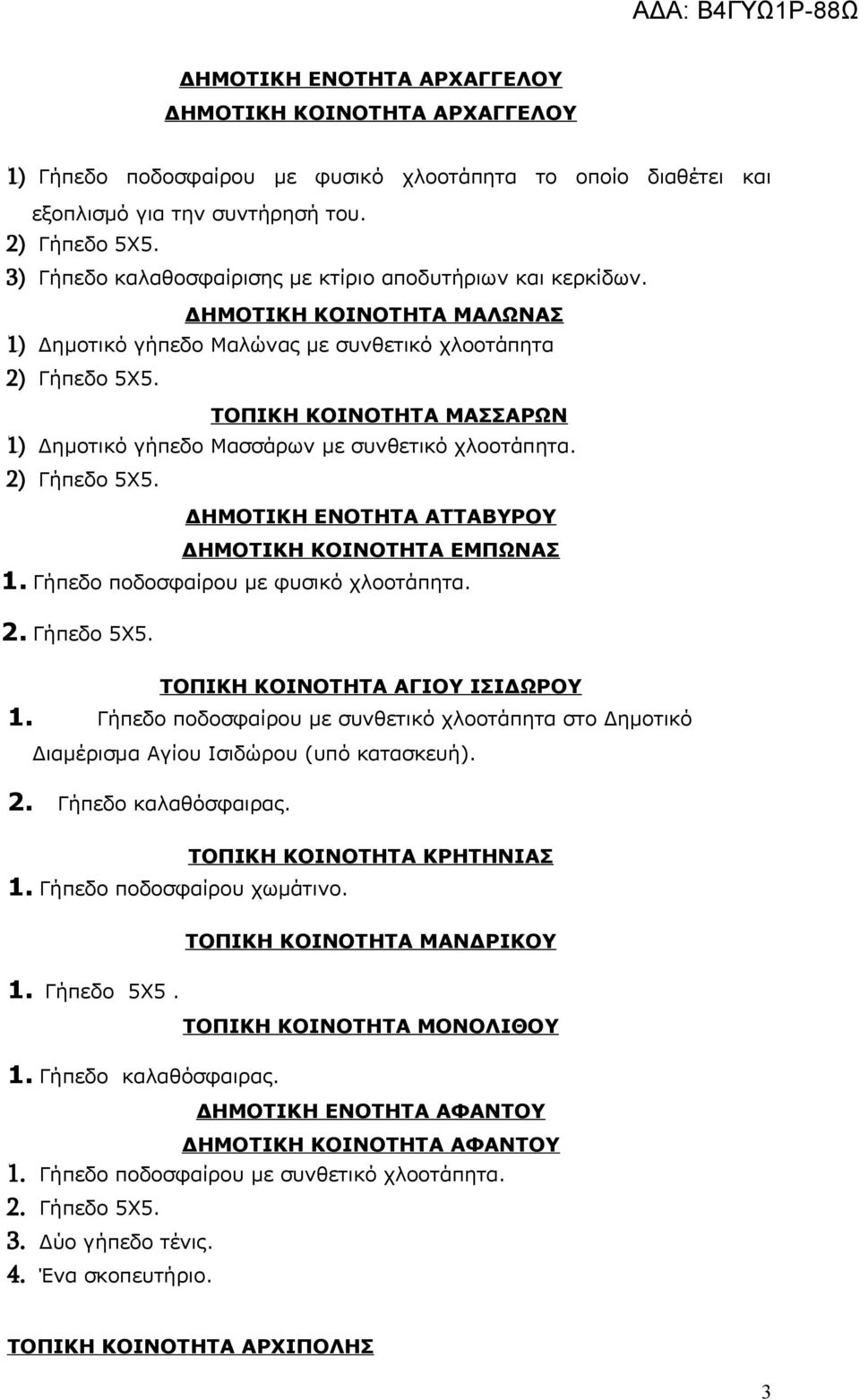 ΔΗΜΟΤΙΚΗ ΚΟΙΝΟΤΗΤΑ ΜΑΛΩΝΑΣ 1) Δημοτικό γήπεδο Μαλώνας με συνθετικό χλοοτάπητα 2) ΤΟΠΙΚΗ ΚΟΙΝΟΤΗΤΑ ΜΑΣΣΑΡΩΝ 1) Δημοτικό γήπεδο Μασσάρων με συνθετικό χλοοτάπητα.