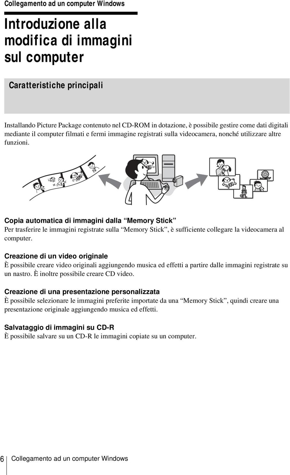 Copia automatica di immagini dalla Memory Stick Per trasferire le immagini registrate sulla Memory Stick, è sufficiente collegare la videocamera al computer.