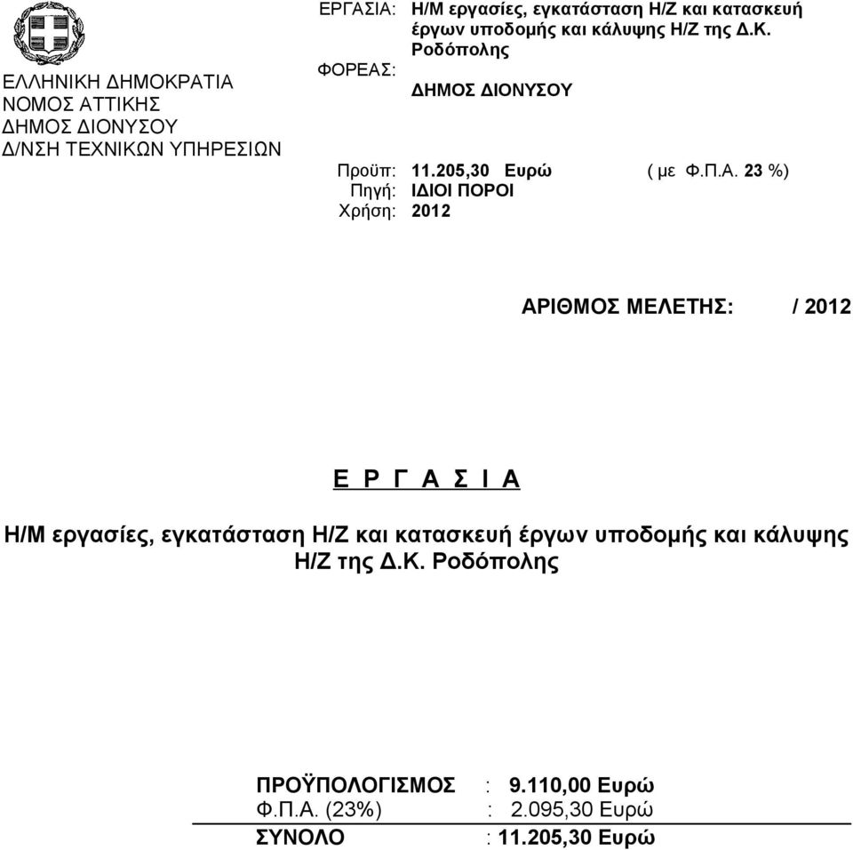 23 %) Πηγή: ΙΔΙΟΙ ΠΟΡΟΙ Χρήση: 2012 ΑΡΙΘΜΟΣ ΜΕΛΕΤΗΣ: / 2012 Ε Ρ Γ Α Σ Ι Α Η/Μ εργασίες,