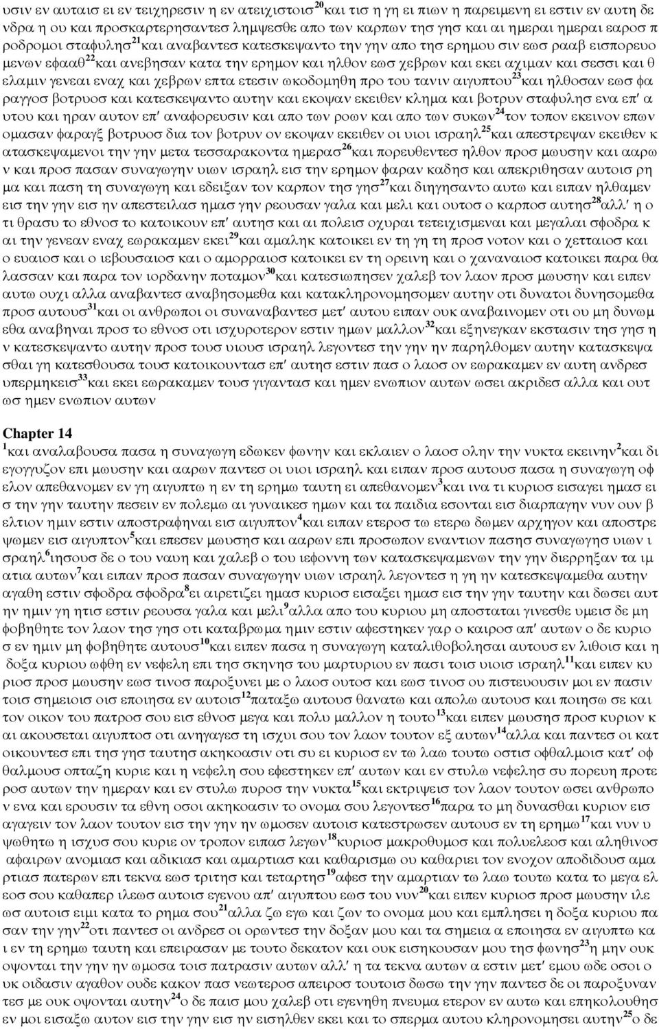 γενεαι εναχ και χεβρων επτα ετεσιν ωκοδοµηθη προ του τανιν αιγυπτου 23 και ηλθοσαν εωσ φα ραγγοσ βοτρυοσ και κατεσκεψαντο αυτην και εκοψαν εκειθεν κληµα και βοτρυν σταφυλησ ενα επ α υτου και ηραν