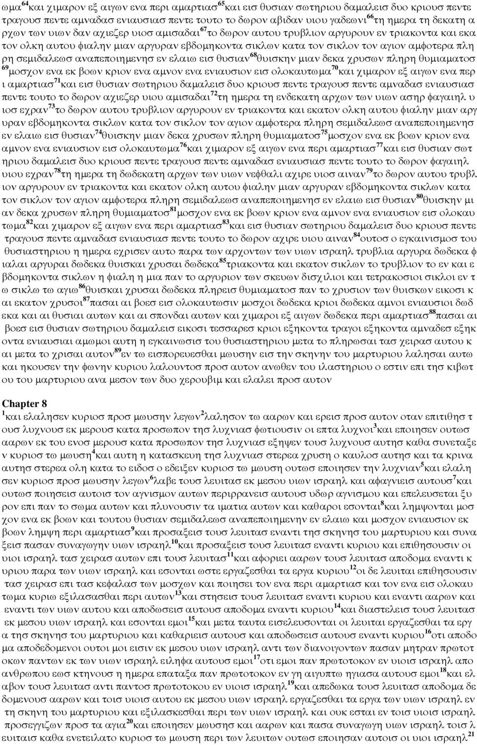 σεµιδαλεωσ αναπεποιηµενησ εν ελαιω εισ θυσιαν 68 θυισκην µιαν δεκα χρυσων πληρη θυµιαµατοσ 69 µοσχον ενα εκ βοων κριον ενα αµνον ενα ενιαυσιον εισ ολοκαυτωµα 70 και χιµαρον εξ αιγων ενα περ ι