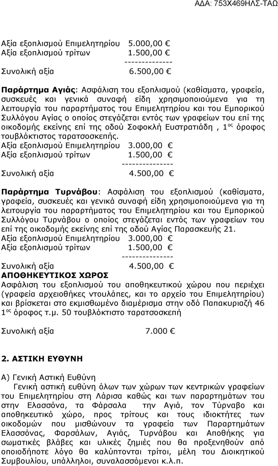 Αγίας ο οποίος στεγάζεται εντός των γραφείων του επί της οικοδομής εκείνης επί της οδού Σοφοκλή Ευστρατιάδη, 1 ος όροφος τουβλόκτιστος ταρατσοσκεπής. Αξία εξοπλισμού Επιμελητηρίου 3.