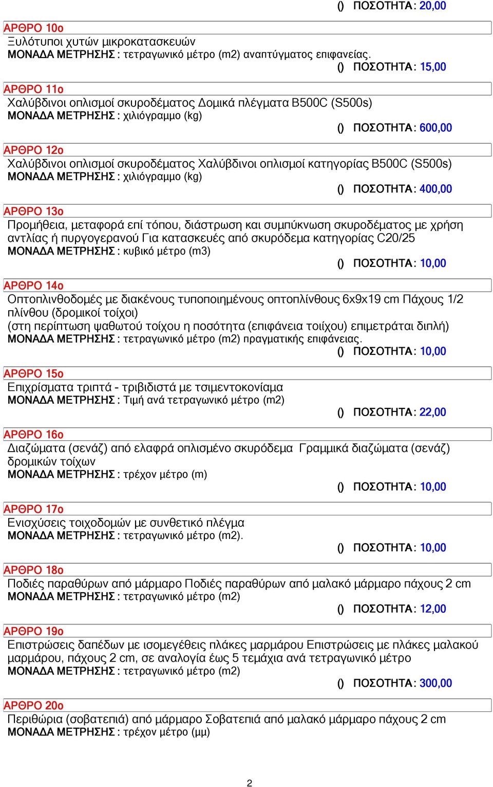 οπλισµοί κατηγορίας B500C (S500s) ΜΟΝΑ Α ΜΕΤΡΗΣΗΣ : χιλιόγραµµο (kg) () ΠΟΣΟΤΗΤΑ: 400,00 ΑΡΘΡΟ 13ο Προµήθεια, µεταφορά επί τόπου, διάστρωση και συµπύκνωση σκυροδέµατος µε χρήση αντλίας ή πυργογερανού