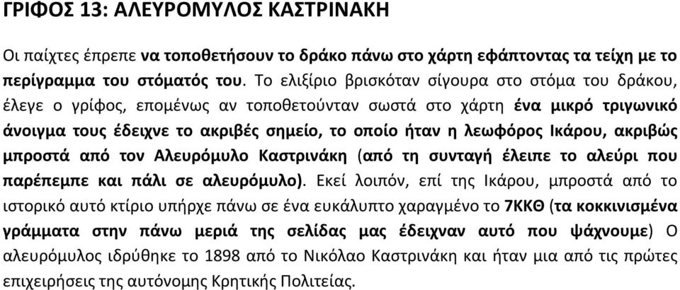 Ικάρου, ακριβώς μπροστά από τον Αλευρόμυλο Καστρινάκη (από τη συνταγή έλειπε το αλεύρι που παρέπεμπε και πάλι σε αλευρόμυλο).