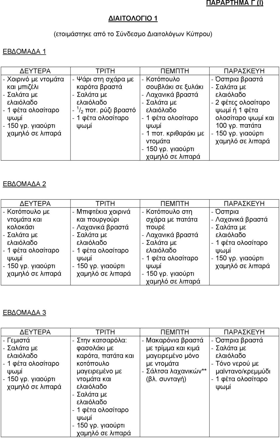 πατάτα ΕΒ ΟΜΑ Α 2 - Κοτόπουλο με ντομάτα και κολοκάσι - Μπιφτέκια χοιρινά και πουργούρι - Κοτόπουλο στη σχάρα με πατάτα πουρέ - Όσπρια ΕΒ ΟΜΑ Α 3 - Γεμιστά - Στην κατσαρόλα: