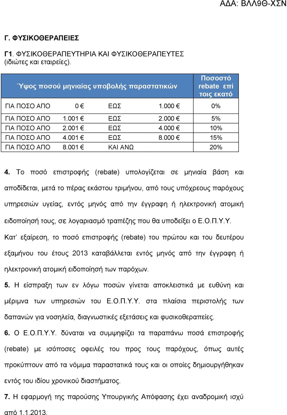 Το ποσό επιστροφής (rebate) υπολογίζεται σε μηνιαία βάση και αποδίδεται, μετά το πέρας εκάστου τριμήνου, από τους υπόχρεους παρόχους υπηρεσιών υγείας, εντός μηνός από την έγγραφη ή ηλεκτρονική