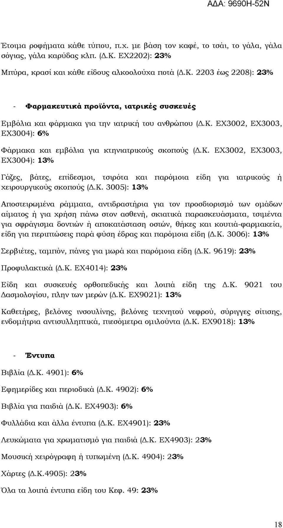 Κ. ΕΧ3002, ΕΧ3003, ΕΧ3004): 13% Γάζες, βάτες, επίδεσμοι, τσιρότα και παρόμοια είδη για ιατρικούς ή χειρουργικούς σκοπούς (Δ.Κ. 3005): 13% Αποστειρωμένα ράμματα, αντιδραστήρια για τον προσδιορισμό των