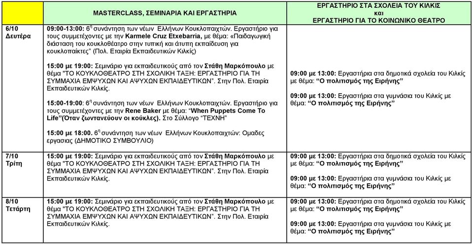 Εταιρία Εκπαιδευτικών Κιλκίς) 15:00 με 19:00: Σεμινάριο για εκπαιδευτικούς από τον Στάθη Μαρκόπουλο με θέμα "ΤΟ ΚΟΥΚΛΟΘΕΑΤΡΟ ΣΤΗ ΣΧΟΛΙΚΗ ΤΑΞΗ: ΕΡΓΑΣΤΗΡΙΟ ΓΙΑ ΤΗ ΣΥΜΜΑΧΙΑ ΕΜΨΥΧΩΝ ΚΑΙ ΑΨΥΧΩΝ