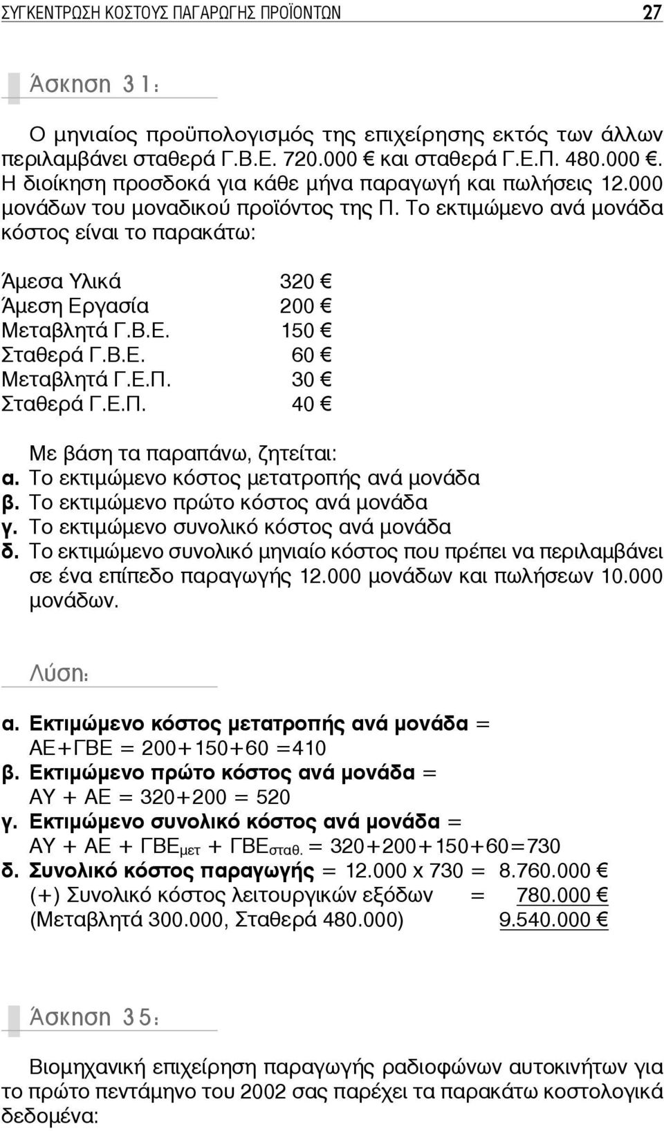 Το εκτιμώμενο ανά μονάδα κόστος είναι το παρακάτω: Άμεσα Υλικά 320 Άμεση Εργασία 200 Μεταβλητά Γ.Β.Ε. 150 Σταθερά Γ.Β.Ε. 60 Μεταβλητά Γ.Ε.Π. 30 Σταθερά Γ.Ε.Π. 40 Με βάση τα παραπάνω, ζητείται: α.