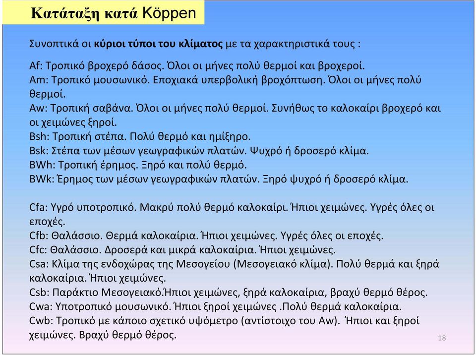 Bsk: Στέπα των μέσων γεωγραφικών πλατών. Ψυχρό ή δροσερό κλίμα. BWh: Τροπική έρημος. Ξηρό και πολύ θερμό. BWk: Έρημος των μέσων γεωγραφικών πλατών. Ξηρό ψυχρό ή δροσερό κλίμα. Cfa: Υγρό υποτροπικό.