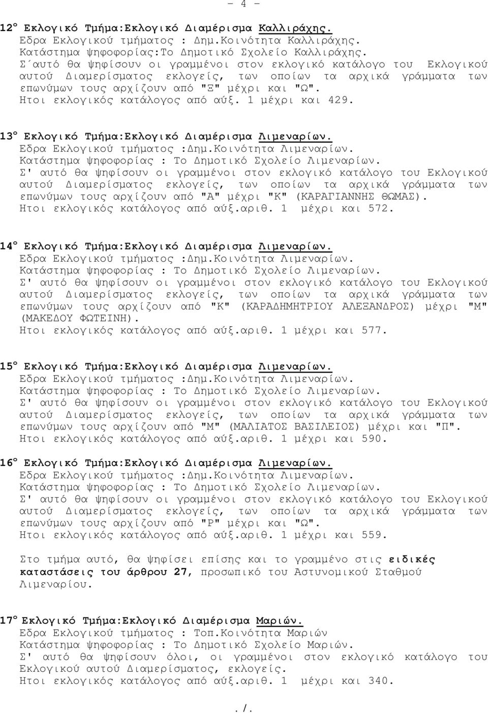 13 ο Εκλογικό Τµήµα:Εκλογικό ιαµέρισµα Λιµεναρίων. Εδρα Εκλογικού τµήµατος : ηµ.κοινότητα Λιµεναρίων. Κατάστηµα ψηφοφορίας : Tο ηµοτικό Σχολείο Λιµεναρίων.