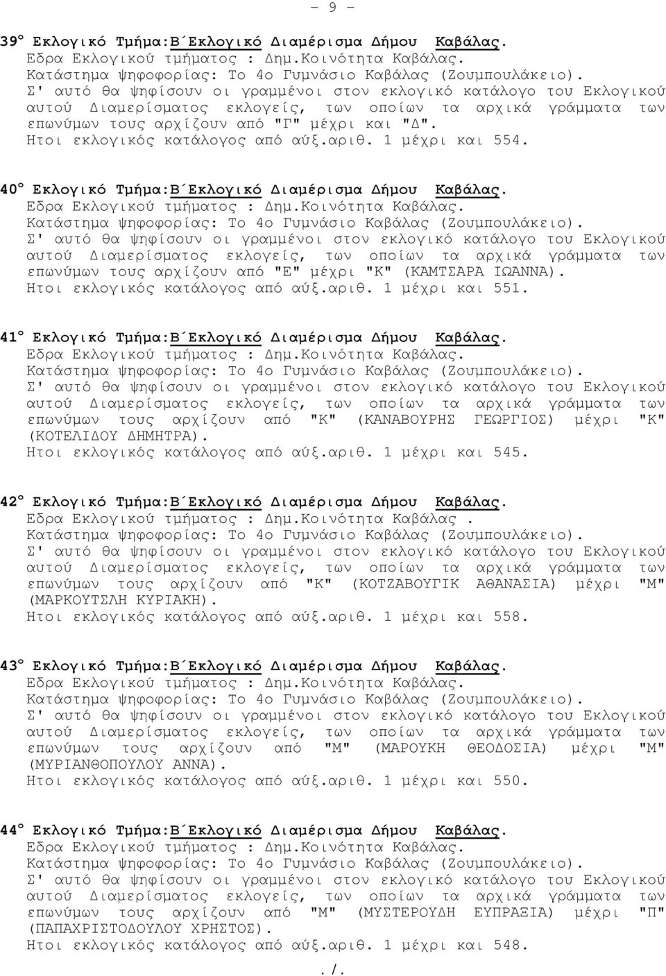 Ητοι εκλογικός κατάλογος από αύξ.αριθ. 1 µέχρι και 551. 41 ο Εκλογικό Τµήµα:Β Εκλογικό ιαµέρισµα ήµου Καβάλας. Κατάστηµα ψηφοφορίας: Tο 4ο Γυµνάσιο Καβάλας (Ζουµπουλάκειο).