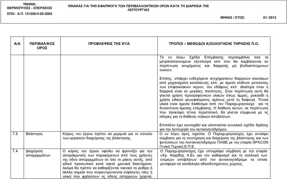 ιδιαίτερα όταν η διαρροή είναι σε μεγάλες ποσότητες. Στην περίπτωση αυτή θα γίνεται χρήση προσροφητικών υλικών όπως άμμος, ροκανίδι ή χρήση ειδικού γεωυφάσματος αμέσως μετά τη διαφυγή.