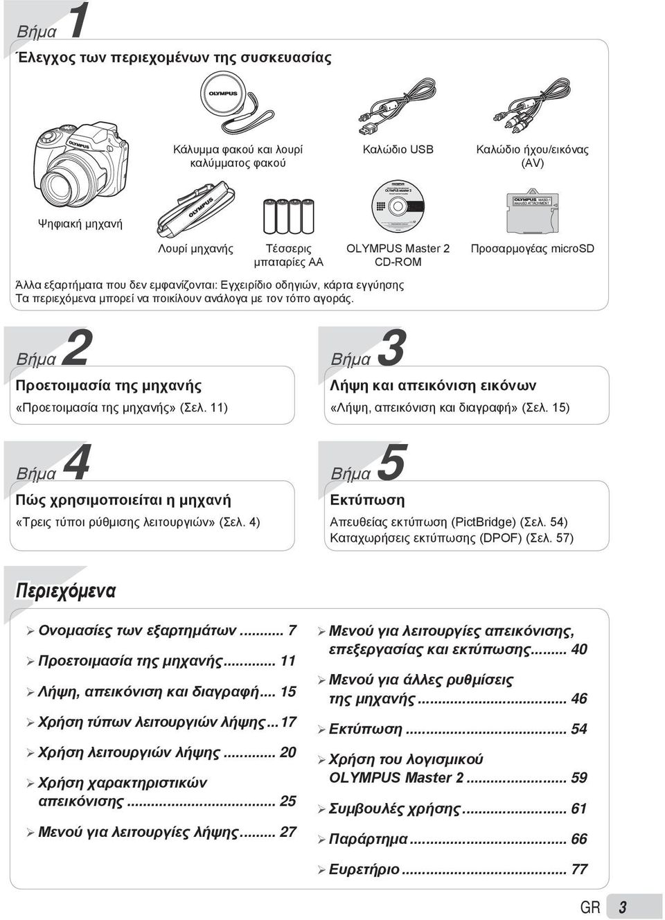 4) Τέσσερις μπαταρίες AA OLYMPUS Master 2 CD-ROM Άλλα εξαρτήματα που δεν εμφανίζονται: Εγχειρίδιο οδηγιών, κάρτα εγγύησης Τα περιεχόμενα μπορεί να ποικίλουν ανάλογα με τον τόπο αγοράς.