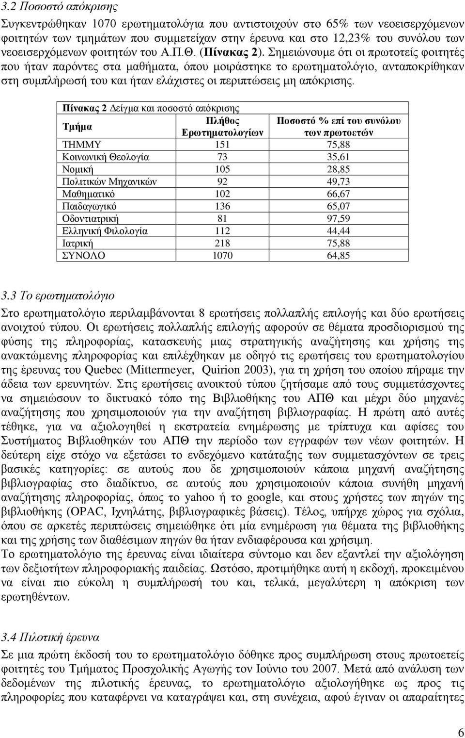 Σημειώνουμε ότι οι πρωτοτείς φοιτητές που ήταν παρόντες στα μαθήματα, όπου μοιράστηκε το ερωτηματολόγιο, ανταποκρίθηκαν στη συμπλήρωσή του και ήταν ελάχιστες οι περιπτώσεις μη απόκρισης.