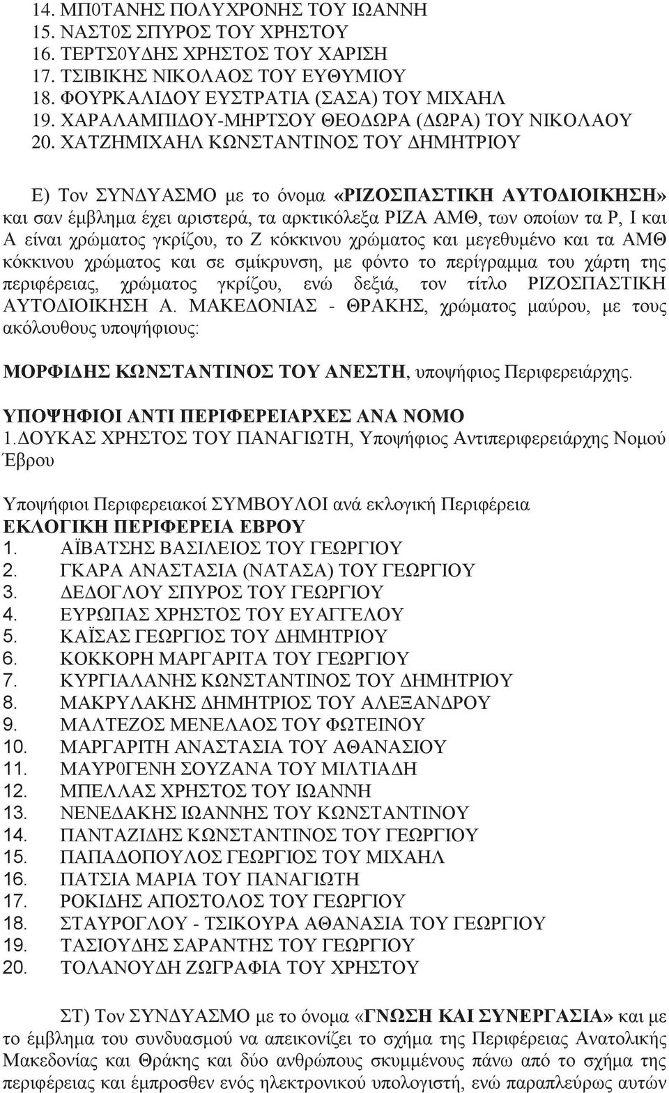ΧΑΤΖΗΜΙΧΑΗΛ ΚΩΝΣΤΑΝΤΙΝΟΣ ΤΟΥ ΔΗΜΗΤΡΙΟΥ Ε) Τον ΣΥΝΔΥΑΣΜΟ με το όνομα «ΡΙΖΟΣΠΑΣΤΙΚΗ ΑΥΤΟΔΙΟΙΚΗΣΗ» και σαν έμβλημα έχει αριστερά, τα αρκτικόλεξα ΡΙΖΑ ΑΜΘ, των οποίων τα Ρ, I και Α είναι χρώματος