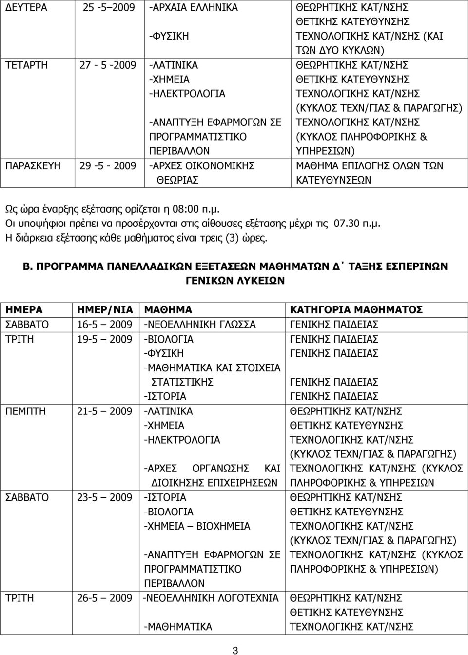 ΠΡΟΓΡΑΜΜΑ ΠΑΝΕΛΛΑΔΙΚΩΝ ΕΞΕΤΑΣΕΩΝ ΜΑΘΗΜΑΤΩΝ Δ ΤΑΞΗΣ ΕΣΠΕΡΙΝΩΝ ΓΕΝΙΚΩΝ ΛΥΚΕΙΩΝ ΗΜΕΡΑ ΗΜΕΡ/ΝΙΑ ΜΑΘΗΜΑ ΚΑΤΗΓΟΡΙΑ ΜΑΘΗΜΑΤΟΣ ΣΑΒΒΑΤΟ 16-5 2009 -ΝΕΟΕΛΛΗΝΙΚΗ ΓΛΩΣΣΑ ΤΡΙΤΗ 19-5 2009 -ΒΙΟΛΟΓΙΑ -ΜΑΘΗΜΑΤΙΚΑ ΚΑΙ