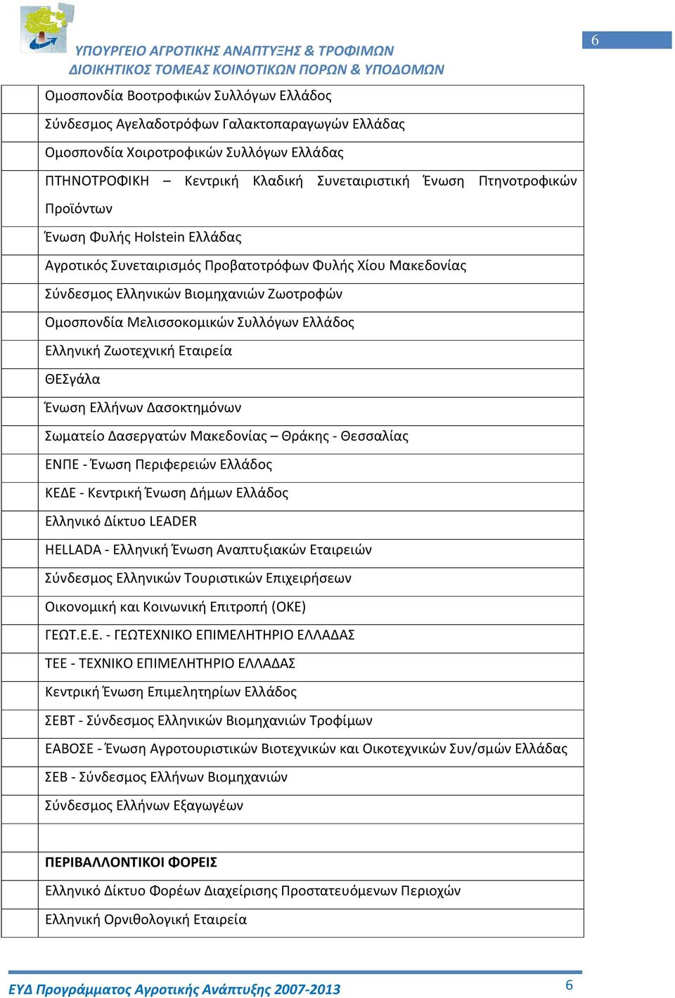 Ζωοτεχνική Εταιρεία ΘΕΣγάλα Ένωση Ελλήνων Δασοκτημόνων Σωματείο Δασεργατών Μακεδονίας Θράκης - Θεσσαλίας ΕΝΠΕ - Ένωση Περιφερειών Ελλάδος ΚΕΔΕ - Κεντρική Ένωση Δήμων Ελλάδος Ελληνικό Δίκτυο LEADER