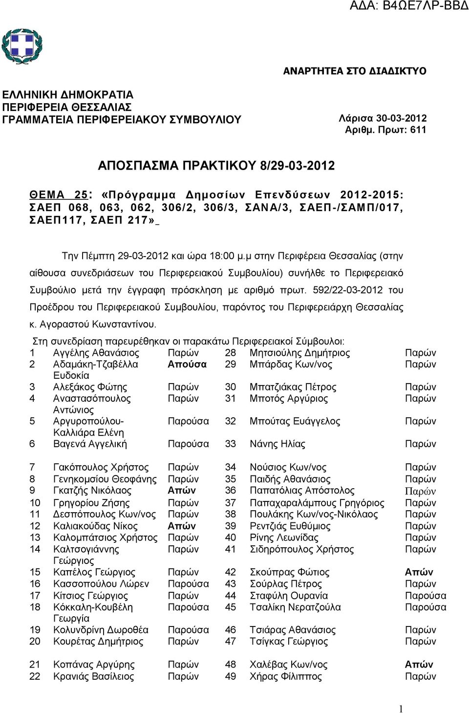 ώρα 18:00 μ.μ στην Περιφέρεια Θεσσαλίας (στην αίθουσα συνεδριάσεων του Περιφερειακού Συμβουλίου) συνήλθε το Περιφερειακό Συμβούλιο μετά την έγγραφη πρόσκληση με αριθμό πρωτ.