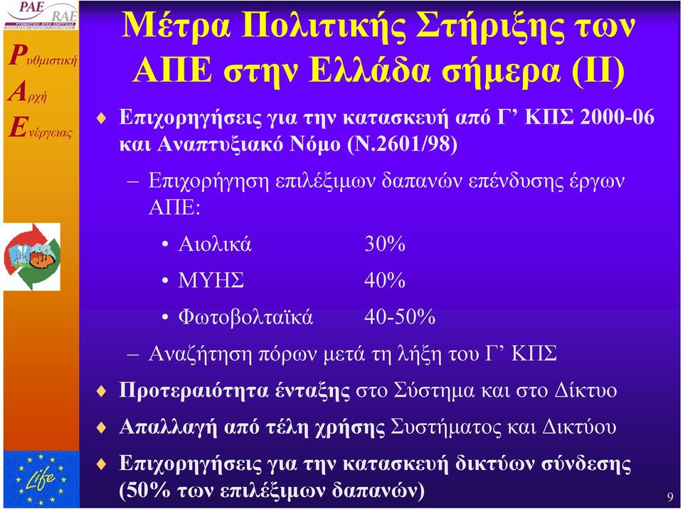 2601/98) Επιχορήγηση επιλέξιµων δαπανών επένδυσης έργων ΑΠΕ: Αιολικά 30% ΜΥΗΣ 40% Φωτοβολταϊκά 40-50% Αναζήτηση