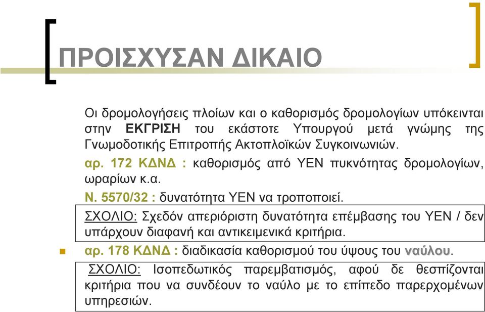 5570/32 : δυνατότητα ΥΕΝ να τροποποιεί. ΣΧΟΛΙΟ: Σχεδόν απεριόριστη δυνατότητα επέμβασης του ΥΕΝ / δεν υπάρχουν διαφανή και αντικειμενικά κριτήρια.