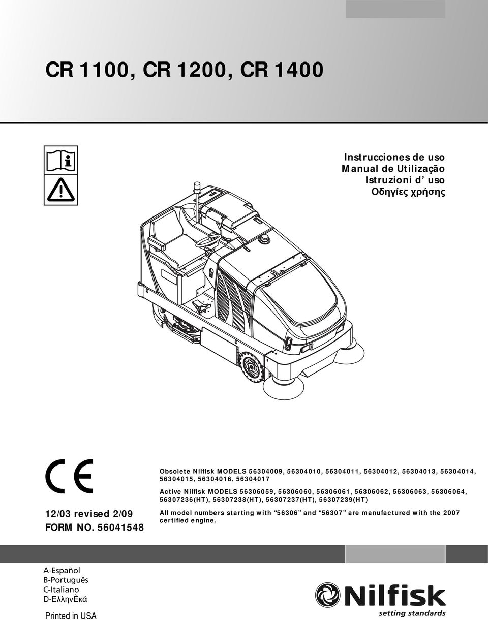 56041548 Active Nilfisk MODELS 56306059, 56306060, 56306061, 56306062, 56306063, 56306064, 56307236(HT), 56307238(HT), 56307237(HT),