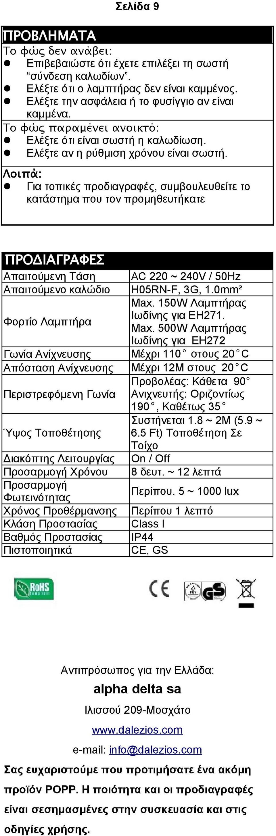 Λοιπά: Για τοπικές προδιαγραφές, συμβουλευθείτε το κατάστημα που τον προμηθευτήκατε ΠΡΟΔΙΑΓΡΑΦΕΣ Απαιτούμενη Τάση AC 220 ~ 240V / 50Hz Απαιτούμενο καλώδιο H05RN-F, 3G, 1.0mm² Max.