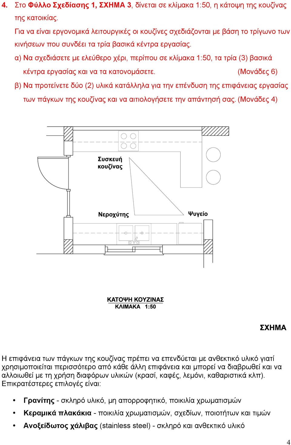 α) Να σχεδιάσετε µε ελεύθερο χέρι, περίπου σε κλίµακα 1:50, τα τρία (3) βασικά κέντρα εργασίας και να τα κατονοµάσετε.