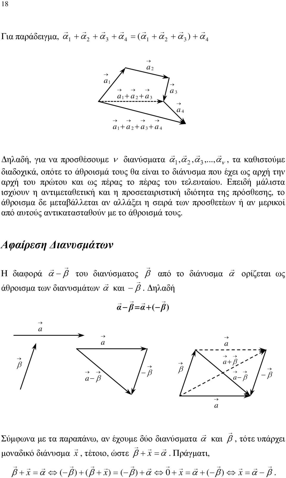 μετβάλλετι ν λλάξει η σειρά των προσθετέων ή ν μερικοί πό υτούς ντικτστθούν με το άθροισμά τους Αφίρεση Δινυσμάτων Η διφορά του δινύσμτος πό το διάνυσμ άθροισμ