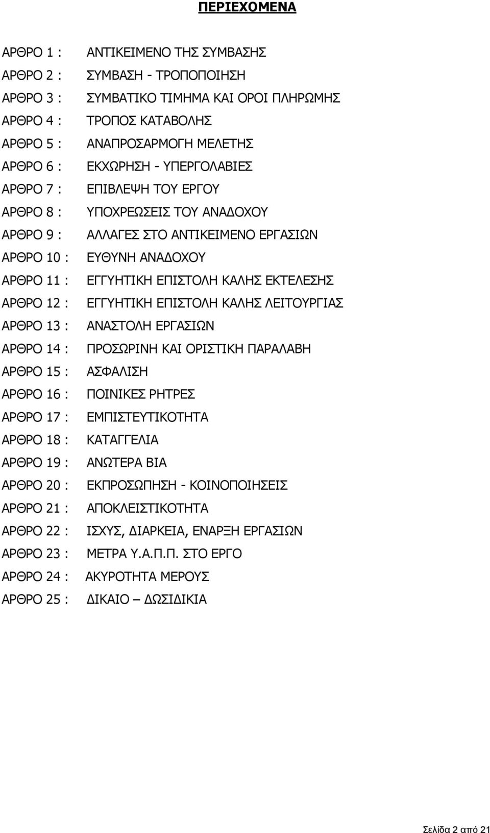 ΕΚΧΩΡΗΣΗ - ΥΠΕΡΓΟΛΑΒΙΕΣ ΕΠΙΒΛΕΨΗ ΤΟΥ ΕΡΓΟΥ ΥΠΟΧΡΕΩΣΕΙΣ ΤΟΥ ΑΝΑΔΟΧΟΥ ΑΛΛΑΓΕΣ ΣΤΟ ΑΝΤΙΚΕΙΜΕΝΟ ΕΡΓΑΣΙΩΝ ΕΥΘΥΝΗ ΑΝΑΔΟΧΟΥ ΕΓΓΥΗΤΙΚΗ ΕΠΙΣΤΟΛΗ ΚΑΛΗΣ ΕΚΤΕΛΕΣΗΣ ΕΓΓΥΗΤΙΚΗ ΕΠΙΣΤΟΛΗ ΚΑΛΗΣ ΛΕΙΤΟΥΡΓΙΑΣ ΑΝΑΣΤΟΛΗ