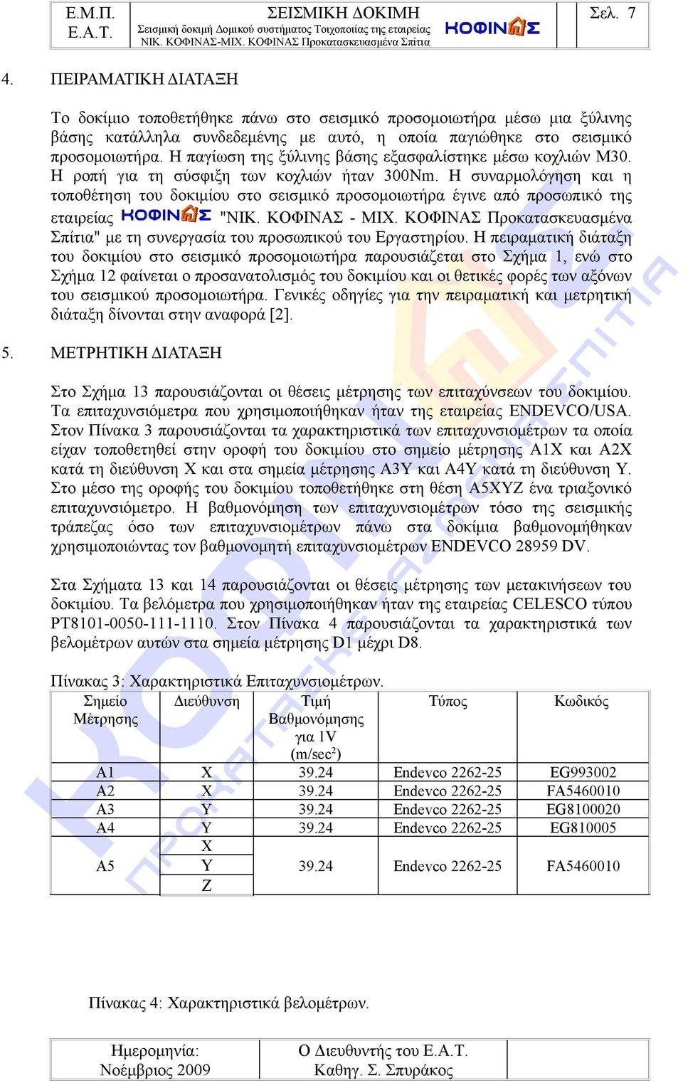 Η συναρμολόγηση και η τοποθέτηση του δοκιμίου στο σεισμικό προσομοιωτήρα έγινε από προσωπικό της εταιρείας "ΝΙΚ. ΚΟΦΙΝΑΣ - ΜΙΧ.