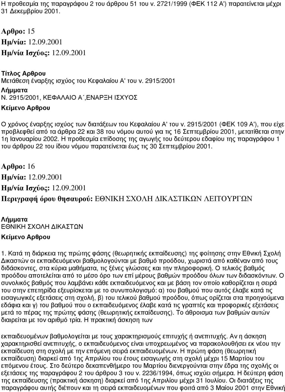 2915/2001 (ΦΕΚ 109 Α'), που είχε προβλεφθεί από τα άρθρα 22 και 38 του νόμου αυτού για τις 16 Σεπτεμβρίου 2001, μετατίθεται στην 1η Ιανουαρίου 2002.