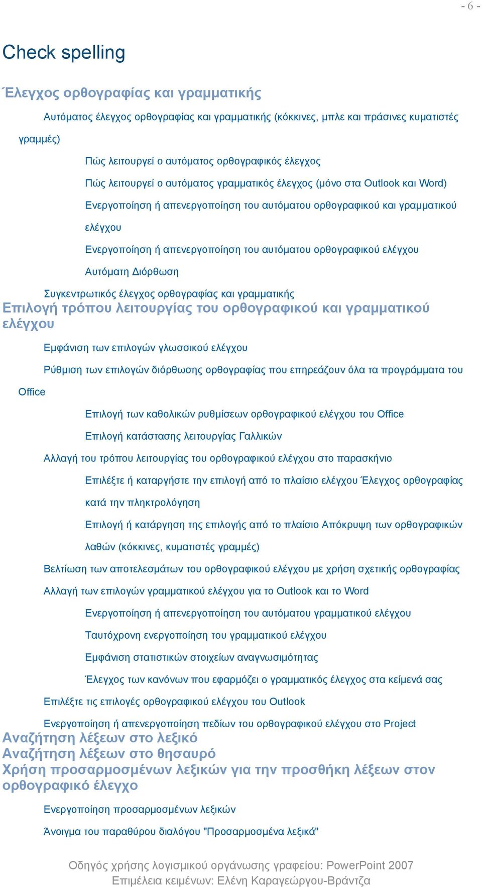 ορθογραφικού ελέγχου Αυτόματη Διόρθωση Συγκεντρωτικός έλεγχος ορθογραφίας και γραμματικής Επιλογή τρόπου λειτουργίας του ορθογραφικού και γραμματικού ελέγχου Office Εμφάνιση των επιλογών γλωσσικού