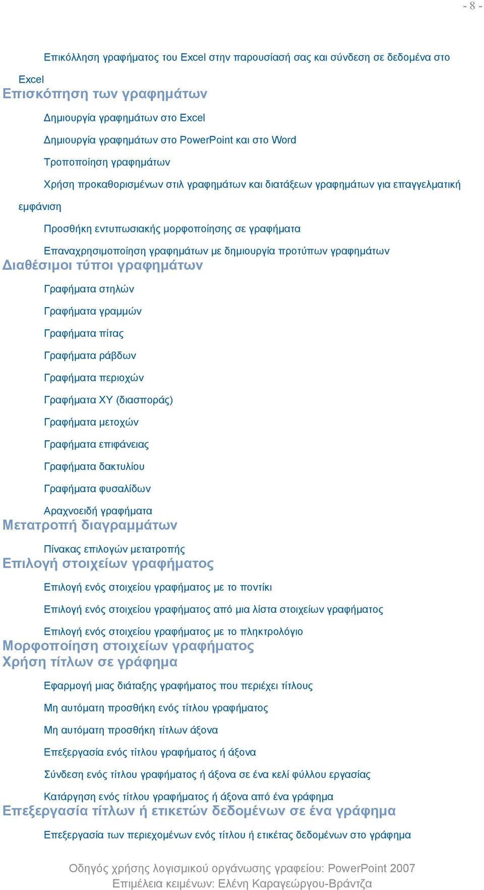 δημιουργία προτύπων γραφημάτων Διαθέσιμοι τύποι γραφημάτων Γραφήματα στηλών Γραφήματα γραμμών Γραφήματα πίτας Γραφήματα ράβδων Γραφήματα περιοχών Γραφήματα XY (διασποράς) Γραφήματα μετοχών Γραφήματα