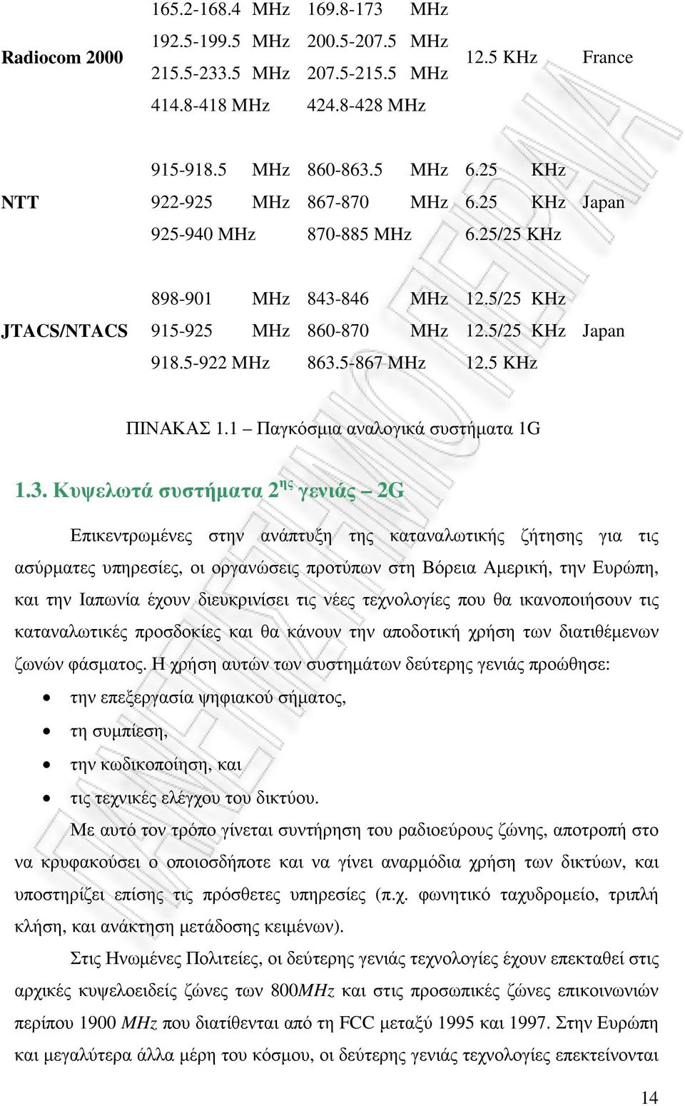 5-867 MHz 12.5 KHz ΠΙΝΑΚΑΣ 1.1 Παγκόσµια αναλογικά συστήµατα 1G 1.3.