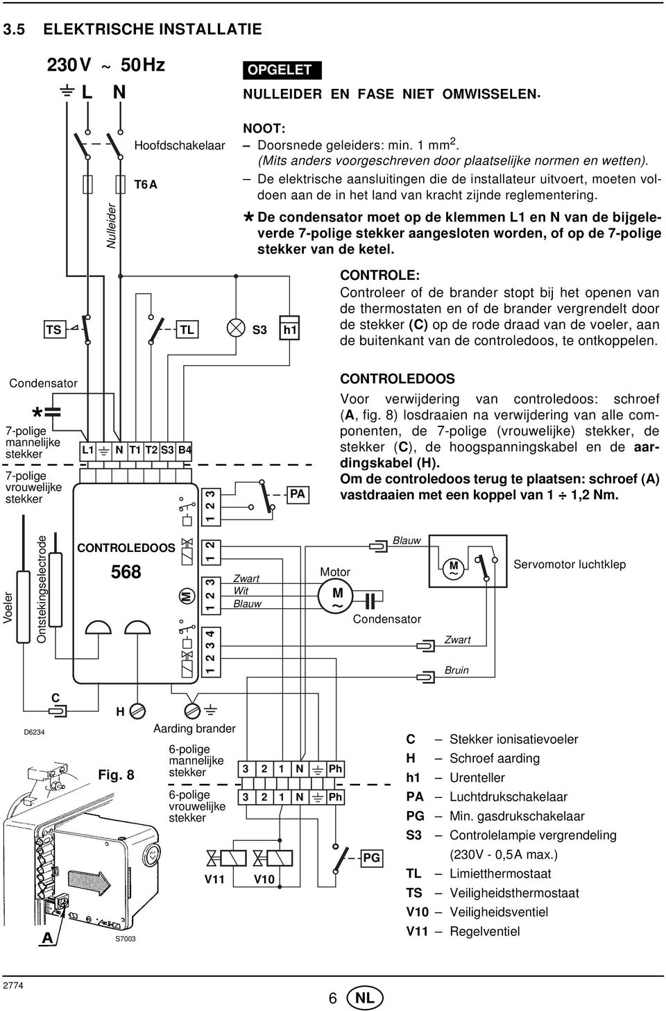 De condensator moet op de klemmen L1 en N van de bijgeleverde 7-polige stekker aangesloten worden, of op de 7-polige * stekker van de ketel.