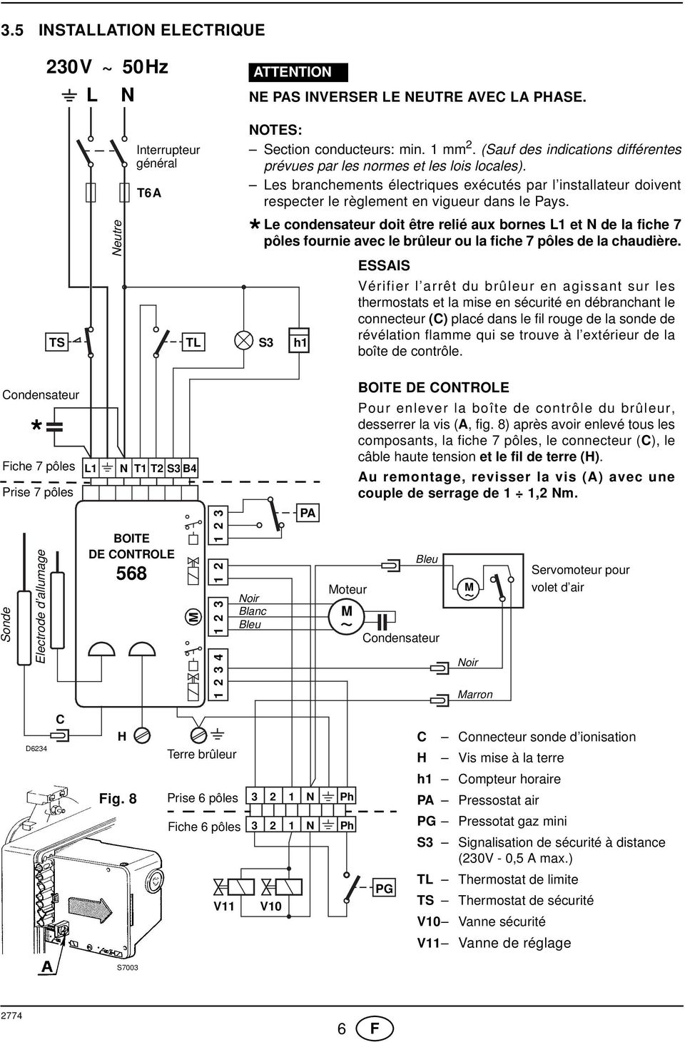 Le condensateur doit être relié aux bornes L1 et N de la fiche 7 * pôles fournie avec le brûleur ou la fiche 7 pôles de la chaudière.