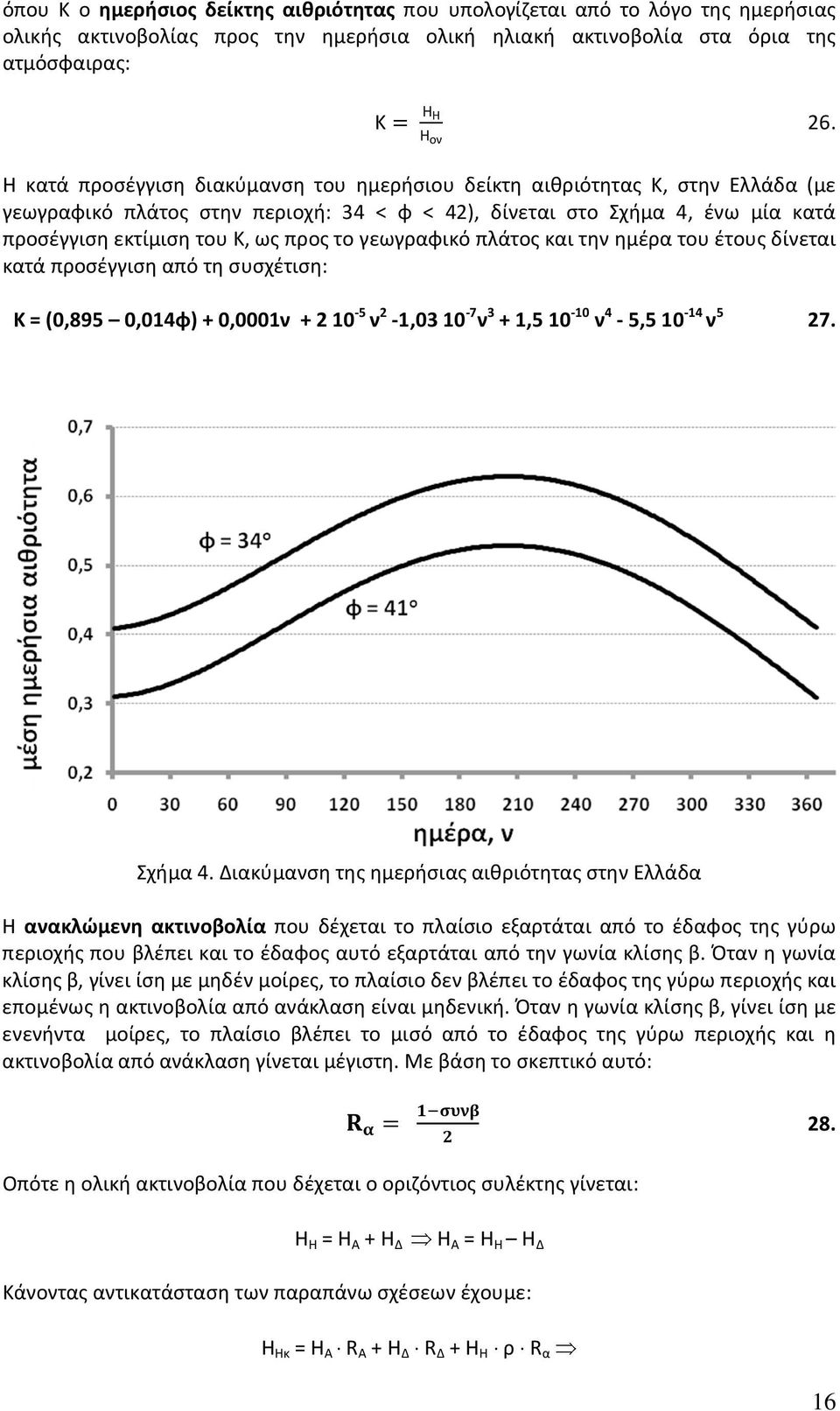 γεωγραφικό πλάτος και την ημέρα του έτους δίνεται κατά προσέγγιση από τη συσχέτιση: K = (0,895 0,014φ) + 0,0001ν + 2 10-5 ν 2-1,03 10-7 ν 3 + 1,5 10-10 ν 4-5,5 10-14 ν 5 27. Σχήμα 4.