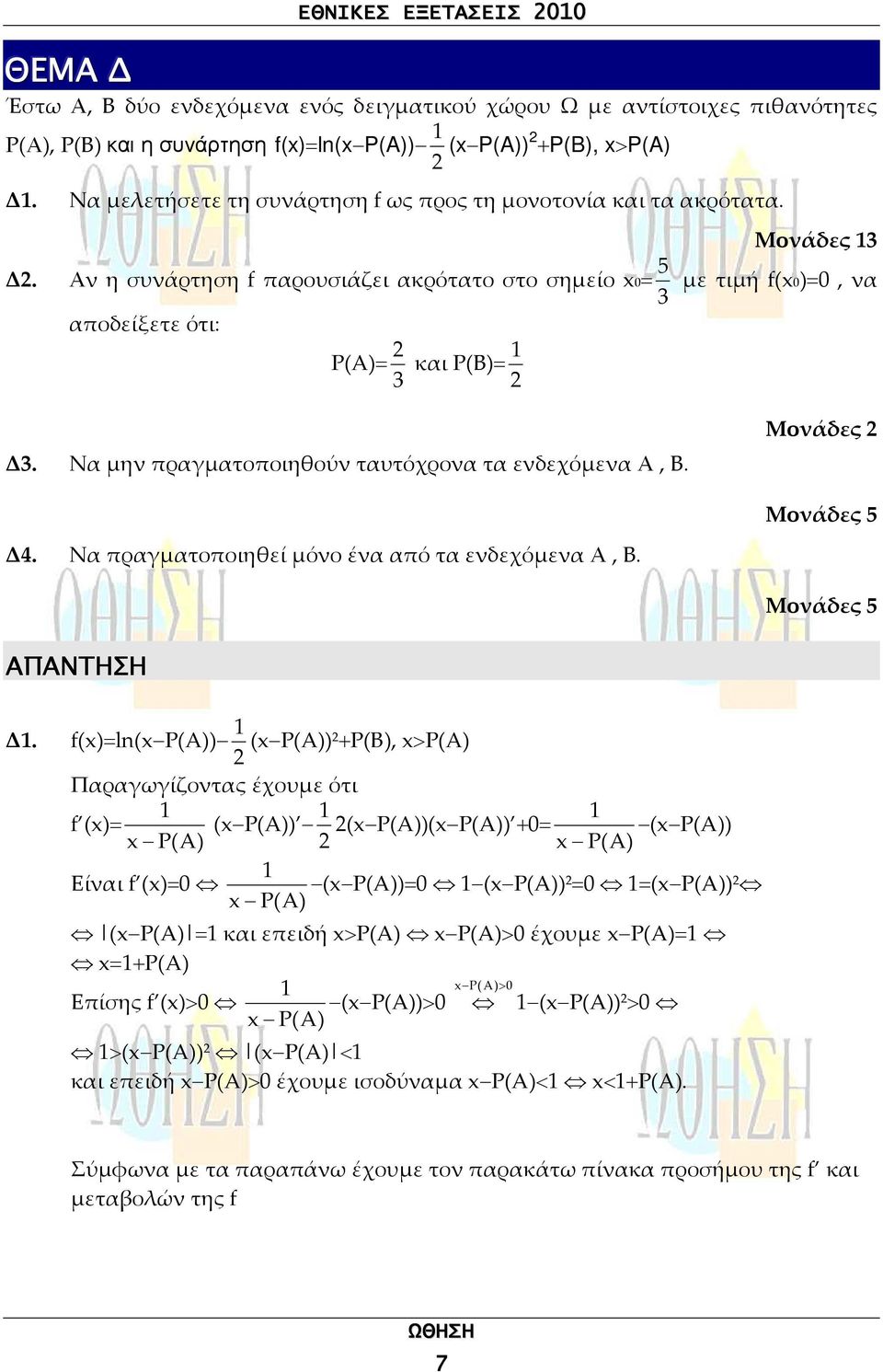 Να μη πραγματοποιηθού ταυτόχροα τα εδεχόμεα Α, Β. Μοάδες Μοάδες 5 Δ4. Να πραγματοποιηθεί μόο έα από τα εδεχόμεα Α, Β. Μοάδες 5 ΑΠΑΝΤΗΣΗ Δ.